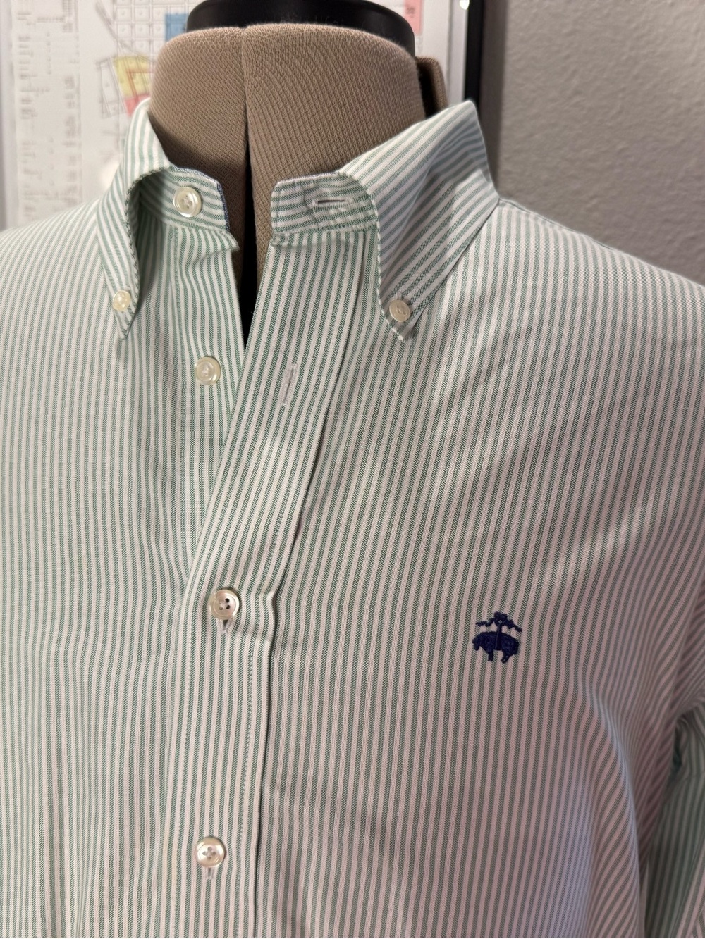 Brooks Brothers Green and White Striped Button-Down Shirt with Embroidered Logo